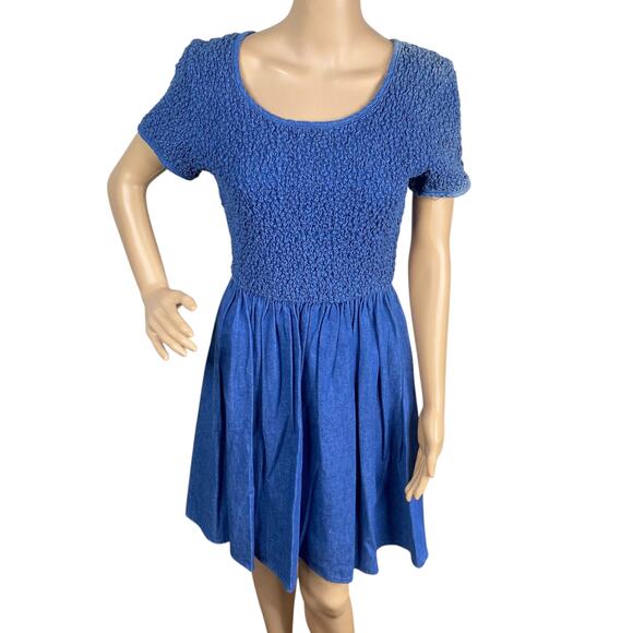 Vtg 90s Jeans by Express EXP Smocked Denim Fit & Flare Western Mini Dress SZ L - Picture 1 of 9